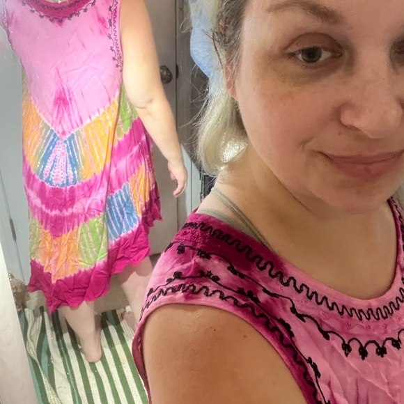 ONE SIZE FITS ALL BOHO DRESSS S M L XL HOT PINK TIE DYE EMBROIDERY BEACH SWIM - Picture 2 of 12